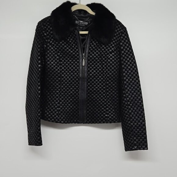 Vintage St. John Black Textured Women's Jacket With Rabbit Fur Collar Zipper M - Picture 2 of 16